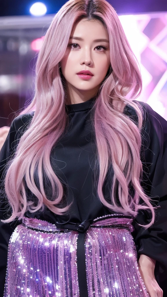 (lifelike, high resolution:1.3), close up,Long wavy hair with a pink to purple gradient,Wearing a futuristic silver windbreaker,The gaze is firm and powerful,Full body shot,Showing the beauty of smooth lines,Surrounded by suspended metal cubes,The transparent crystal ball reflects her figure,The overall style is a combination of science fiction and surrealism.。