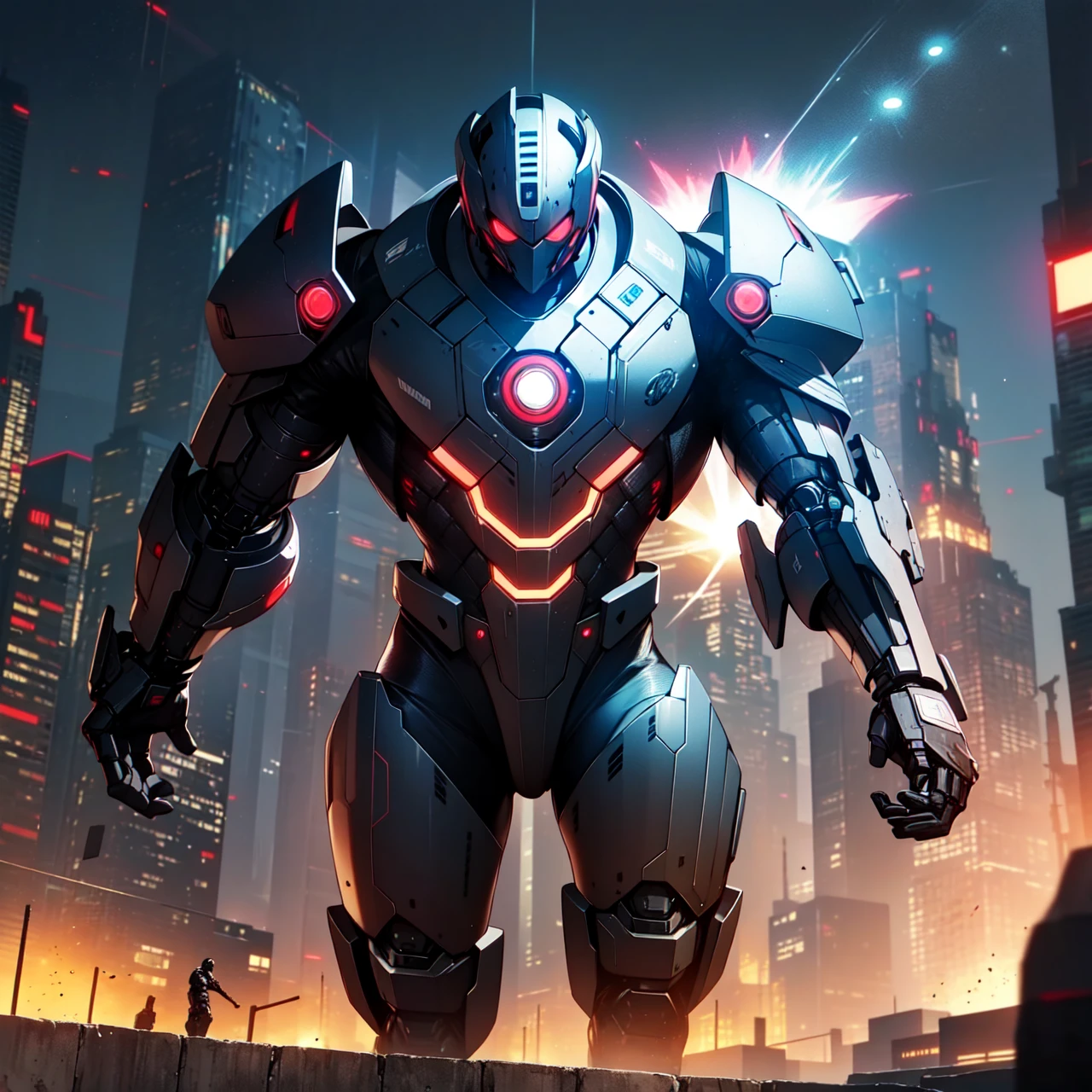 cyberpunk, android, red and black bodyarmor, red and black bodysuit, red eyes, cybernetic suit, high quality,