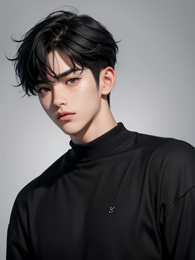 boy with dark black hair and dark brown eyes, freckles on his face, korean boy, has bangs, casual, grey wallpaper, best quality masterpiece, 16k, portrait, asian eyes, monolids, handsome, mid 20, ((Asian)), cute guy, sexy