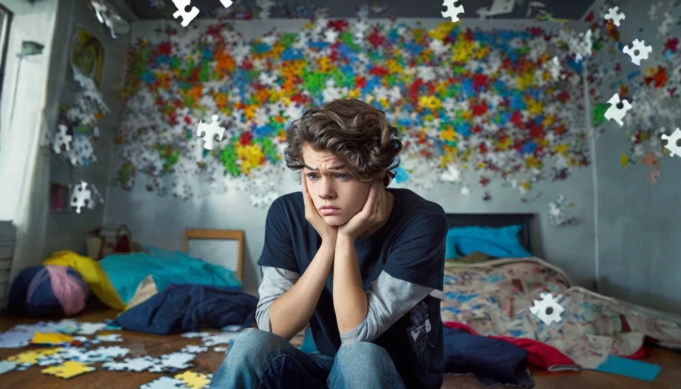 A teenager sits in the corner of a room with their hands holding their head, their facial expression showing confusion and anxiety. Around them, various symbols and abstract elements represent a chaotic mind, such as dark clouds, question marks, and scattered puzzle pieces. The room appears gloomy with dim lighting that emphasizes the dark and stressful mood
