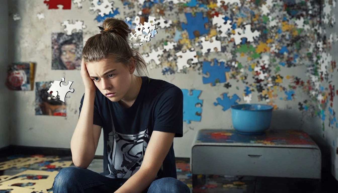 A ager sits in the corner of a room with their hands holding their head, their facial expression showing confusion and anxiety. Around them, various symbols and abstract elements represent a chaotic mind, such as dark clouds, question marks, and scattered puzzle pieces. The room appears gloomy with dim lighting that emphasizes the dark and stressful mood