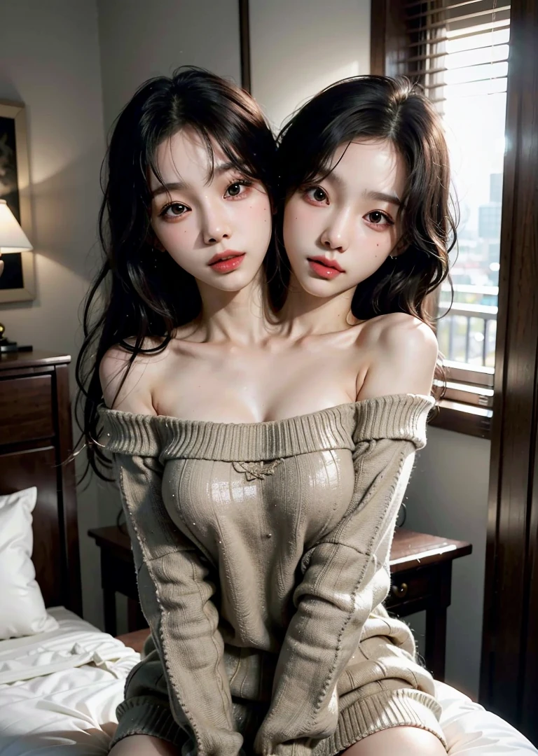 8K, Ultra detailed, Physically-based rendering, Kpop idol, Bedroom, Night, Perfect skin, Closed mouth, off-shoulder sweater, Soft lights,conjoined_dicephalus, (two heads:1.3)