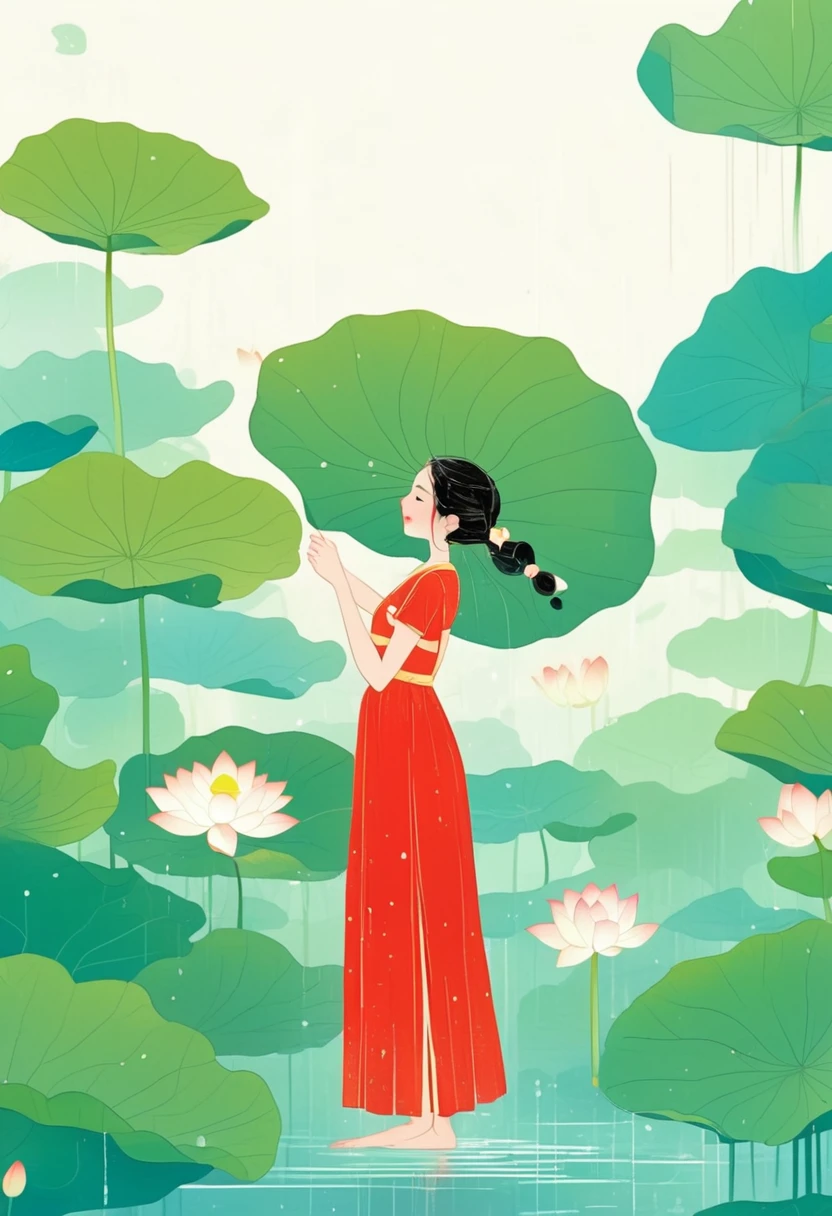 A girl in red standing in the lotus pond, Holding a large lotus leaf in hand. It was raining in the sky, The illustration is drawn in a flat style with colored lines, Green is the main background color,Look down from the sky