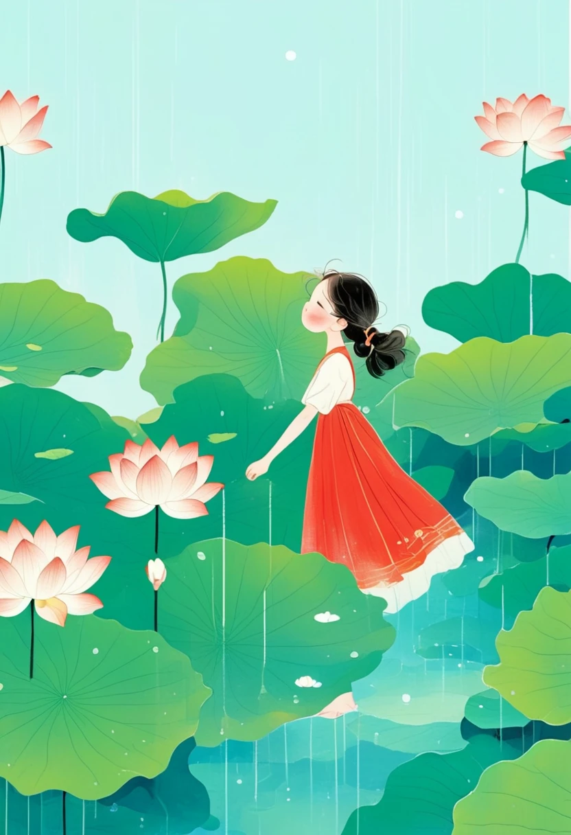 A girl in red standing in the lotus pond, Holding a large lotus leaf in hand. It was raining in the sky, The illustration is drawn in a flat style with colored lines, Green is the main background color,Look down from the sky