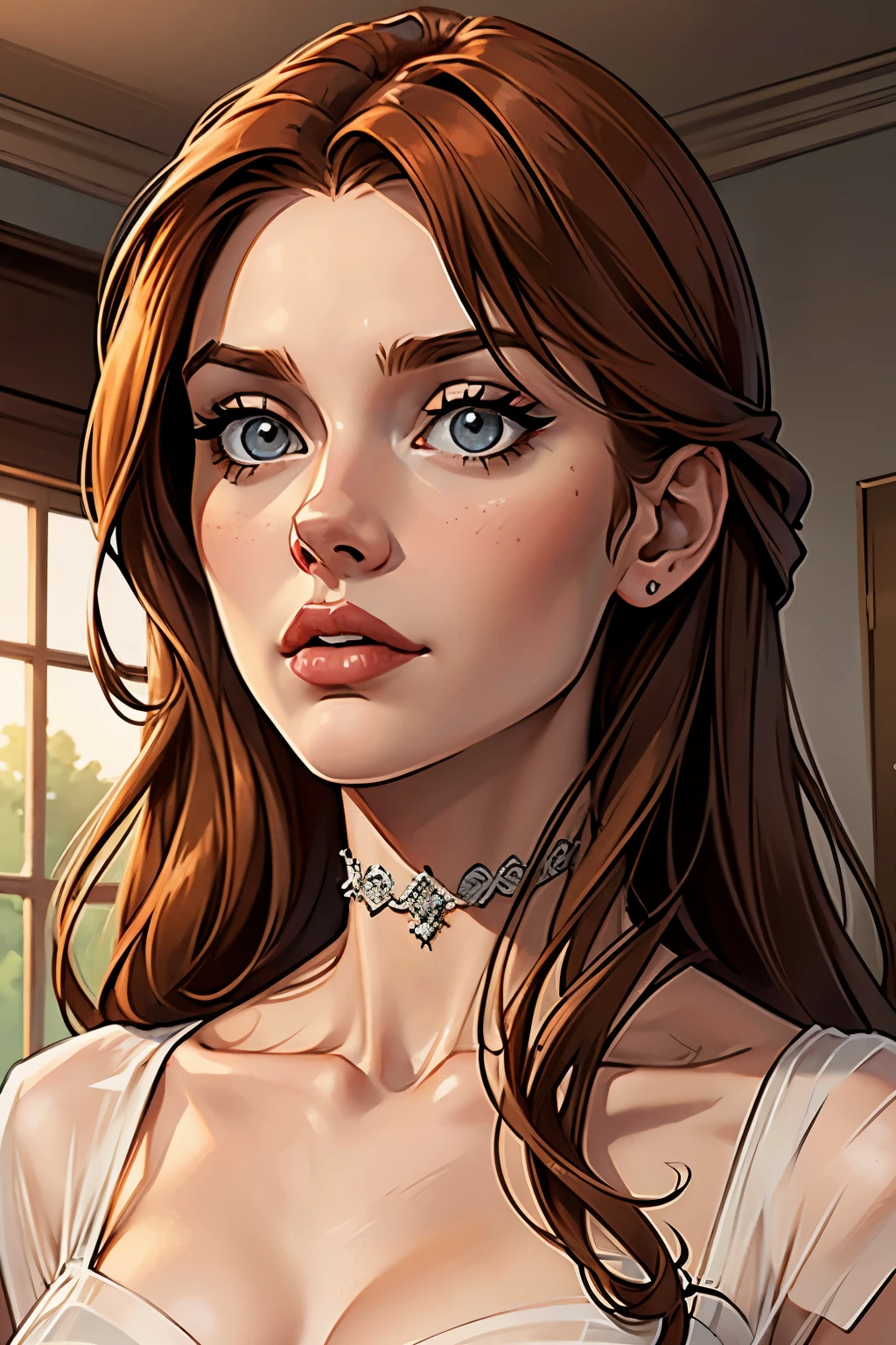 best qualityer, work of art, (realisitic: 1.2), 1 girl, slender girl, ginger hair, eyes browns, front, face detailed, gorgeous eyes, eyes browns, eyes large, breasts small, neckleace, long robe