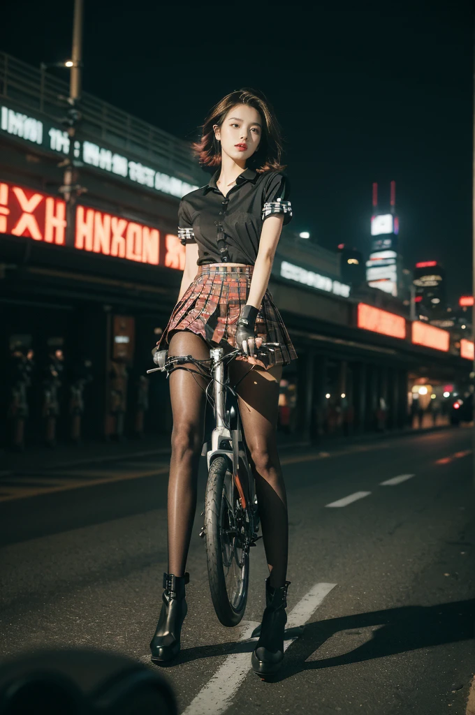 (((best quality))),(((ultra detailed))),(((masterpiece))),illustration,(1 beautiful girl,solo),((slim,thin)),((small breasts,flat chest)),(safety helmet:1.3),shoulder length straight bob hair,slender legs,cyberpunk, urban street,high school student, JK outfit,(riding on a motorcycle:1.3), sleek, (white collared short-sleeved shirt:1.3),(gloves:1.2),(red checkered pleated skirt:1.3),(pantyhose:1.3), stylish boots, confidence, determination, dark streets,neon lights, skyscrapers, urban noises, traffic, sirens, city sounds, futuristic, dystopian society, technology, fashion, explosive cocktail, style, , modernity, attitude, spirit, anything is possible,from front