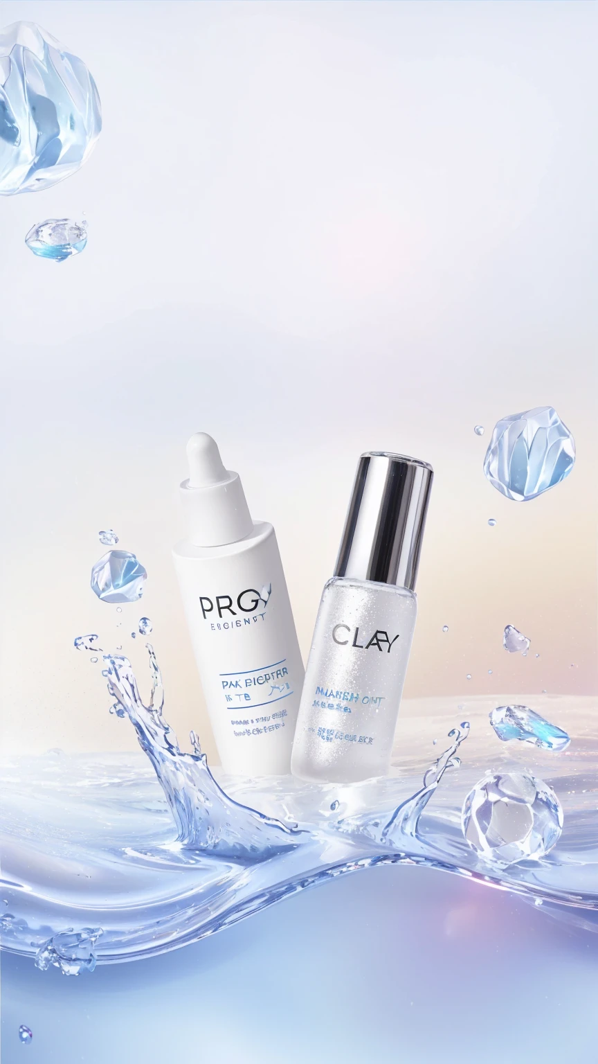 Close up of two bottles of clear water with bubbles, Rays, ClaritySmooth的线条, Clay, Onyx, skin care, Clarity精致, Clarity、Smooth、Clean lines, Face, 80 thousand, 80 thousand, Promotions, Body, galaxy, Lay flat, Skin is hydrated, Product Image, Integrate with the Northern Lights, or, joy, esthetic photo, Peak experience