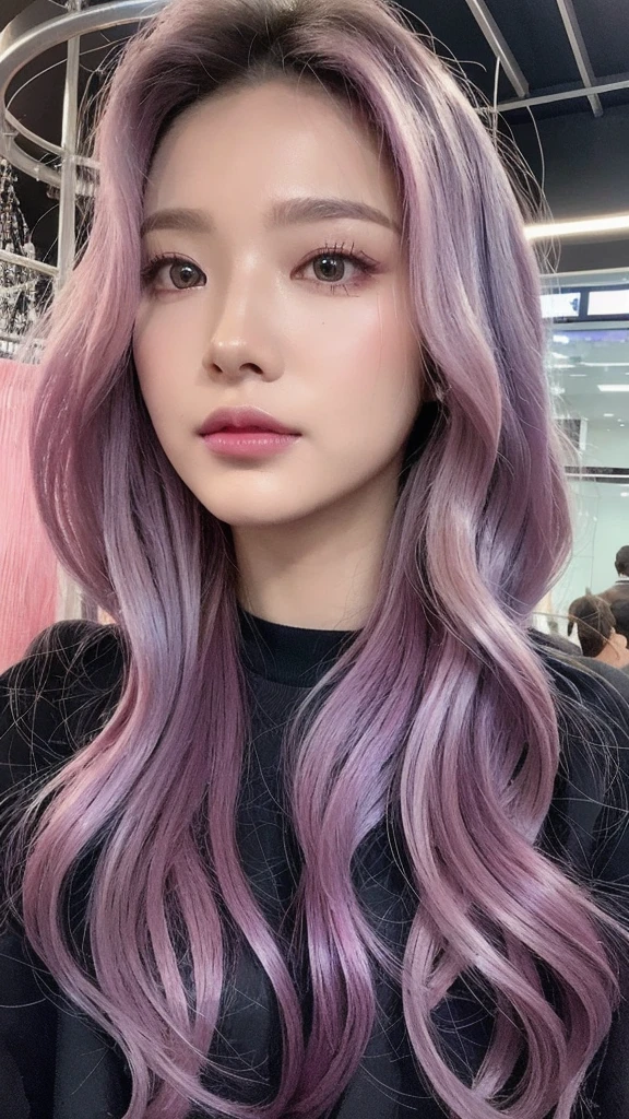 （lifelike， high resolution：1.3）， close up，Long wavy hair with a pink to purple gradient，Wearing a futuristic silver windbreaker，The gaze is firm and powerful，Full body shot，Showing the beauty of smooth lines，Surrounded by suspended metal cubes，The transparent crystal ball reflects her figure，The overall style is a combination of science fiction and surrealism.。