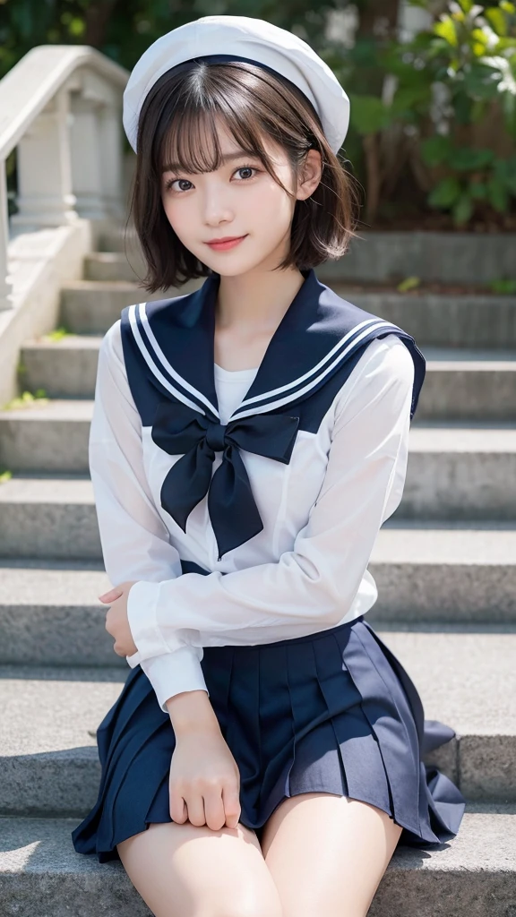 Black Hair、(School-designated sailor uniform:1.3)、short hair、hair accessory、Laugh a little、See-through、High-quality panties available、(Highest quality,masterpiece:1.3,Ultra-high resolution,),(Ultra-detailed,Caustics),(Photorealistic:1.4,RAW shooting,)Ultra-Realistic Capture,Very detailed,High resolution 16K human skin closeup。 The skin texture is natural、Detailed face and eyes、Sit on the stairy hair sways in the wind、