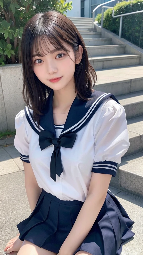 Black Hair、(School-designated sailor uniform:1.3)、short hair、hair accessory、Laugh a little、See-through、High-quality panties available、(Highest quality,masterpiece:1.3,Ultra-high resolution,),(Ultra-detailed,Caustics),(Photorealistic:1.4,RAW shooting,)Ultra-Realistic Capture,Very detailed,High resolution 16K human skin closeup。 The skin texture is natural、Detailed face and eyes、Sit on the stairy hair sways in the wind、