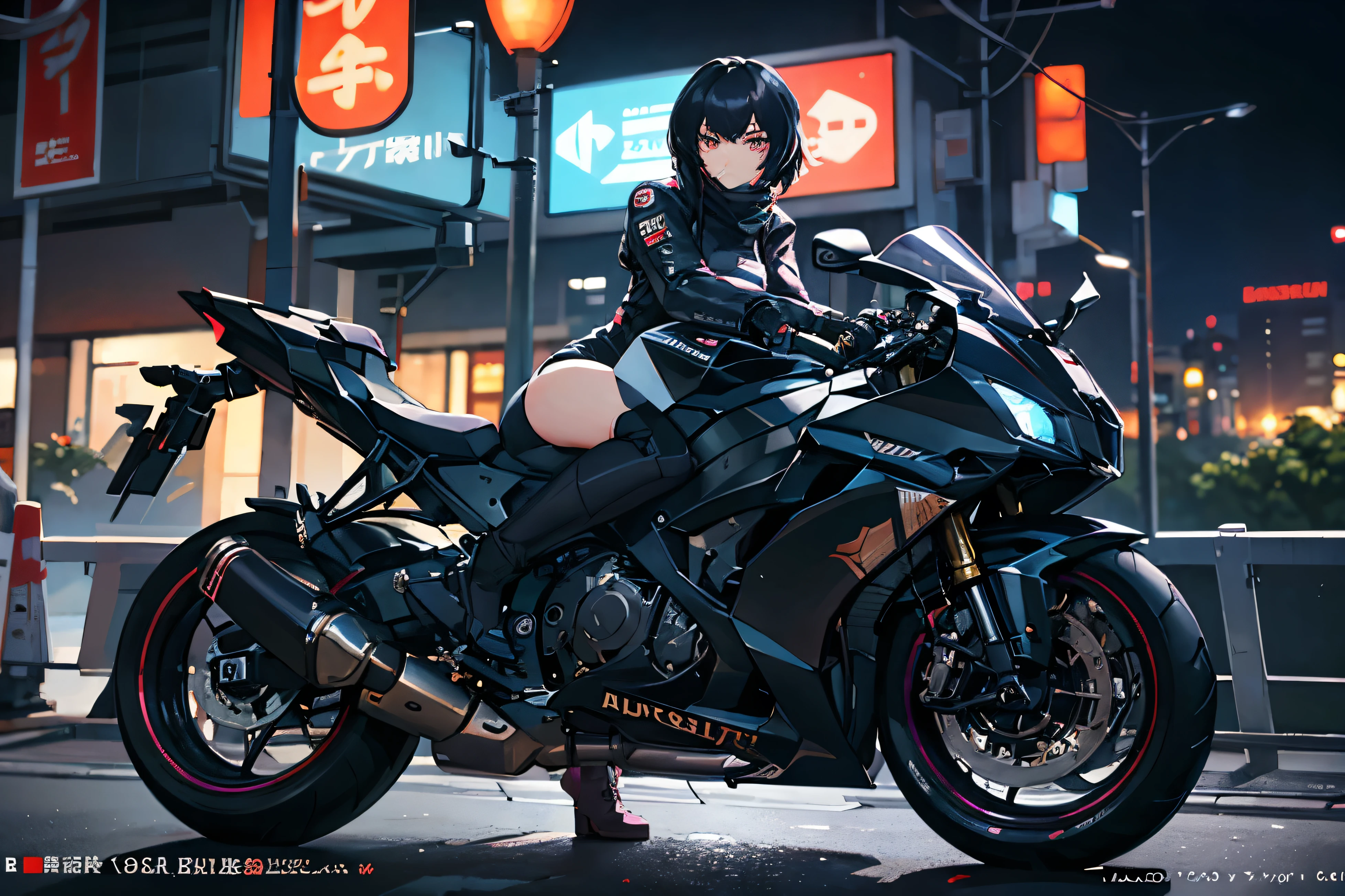 Best Quality, 8k, Masterpiece,1 girl, very pretty girl,Kusanagi Motoko, riding 1 motorcycle,cyberpunk world,Night City,Neon,