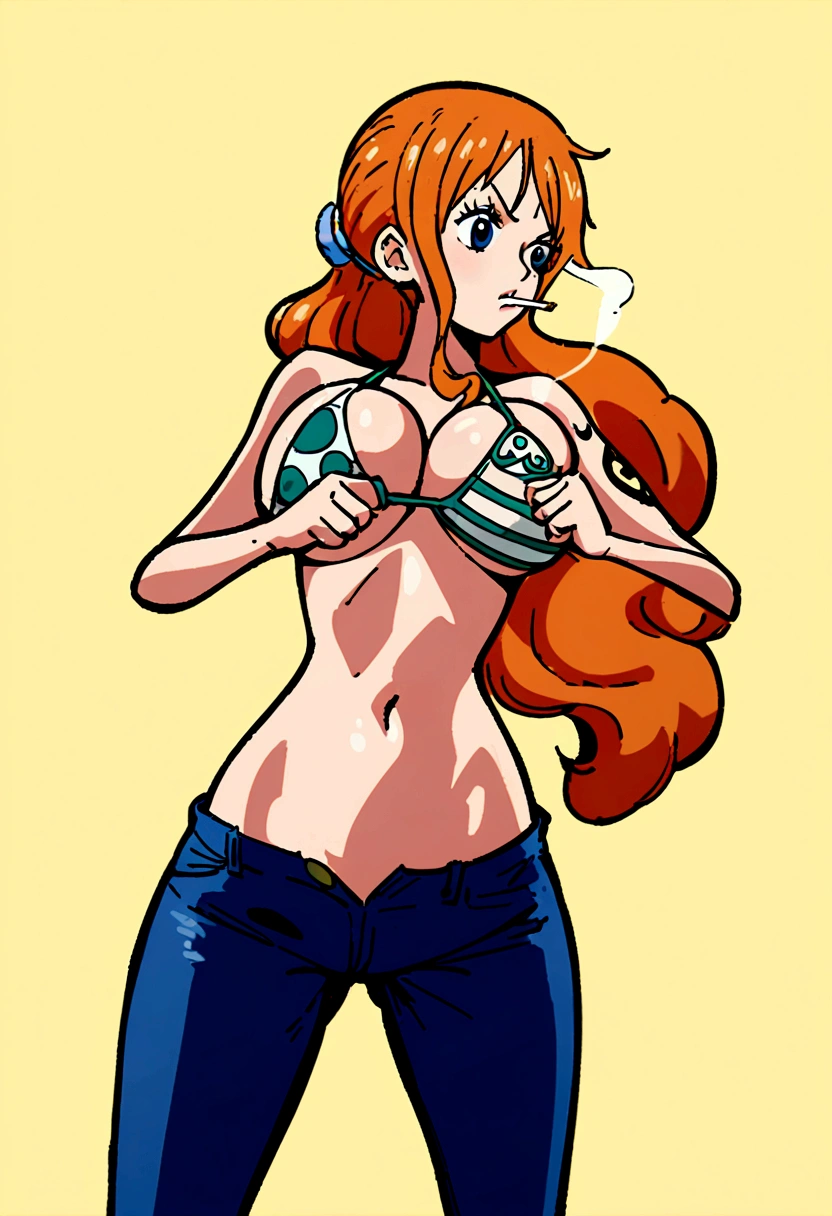 a cartoon picture of a woman in a bikini top and jeans, nami one piece, nami from one piece, nami, beautiful portrait of nami, from one piece, oppai, blue eyes, smoking, ponytail, nsfw