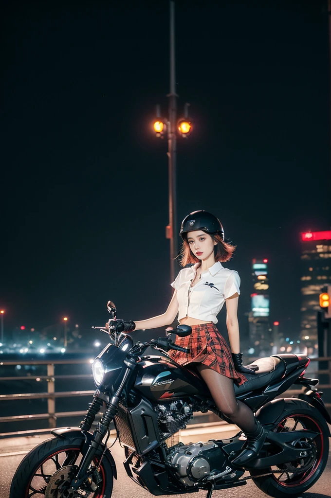 (((best quality))),(((ultra detailed))),(((masterpiece))),illustration,(1 beautiful girl,solo),((slim,thin)),((small breasts,flat chest)),(safety helmet:1.3),shoulder length straight bob hair,slender legs,cyberpunk, urban street,high school student, JK outfit,(riding on a motorcycle:1.3), sleek, (white collared short-sleeved shirt:1.3),(gloves:1.2),(red checkered pleated skirt:1.3),(pantyhose:1.3), stylish boots, confidence, determination, dark streets,neon lights, skyscrapers, urban noises, traffic, sirens, city sounds, futuristic, dystopian society, technology, fashion, explosive cocktail, style, modernity, attitude, spirit, anything is possible,((from front,full body))