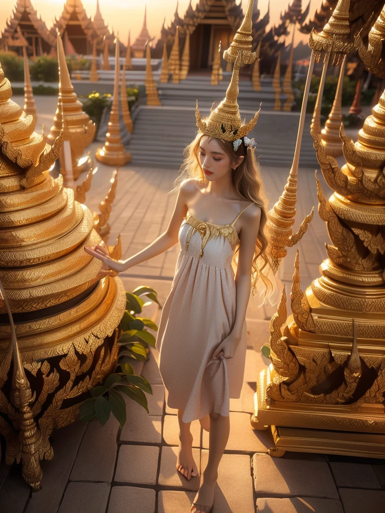 A woman with sun-kissed skin and blonde hair with beach waves is exploring a Thai temple in a medium shot from a high angle. She is wearing a colorful, flowy sundress that accentuates her figure and allows for movement. The background is an Thai temple and garden. It's late afternoon with a warm, golden light mood and tone, and the lighting is soft and ethereal, (excited pose: 1.2), (flowy sundress: 1.9), (perfect anatomy: 1.5), (late afternoon: 1.5), (warm golden light mood and tone: 1.5), (soft ethereal lighting: 1.6), (Thai temple architecture: 1.8), (travel in Thailand: 1.7).
