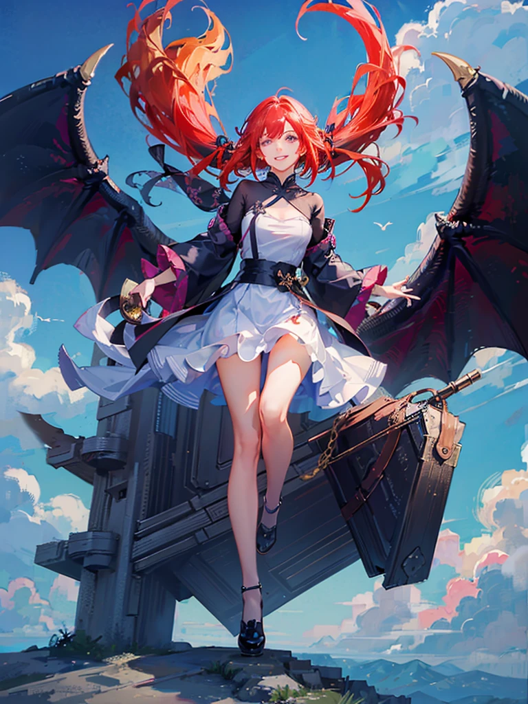 Highest quality, masterpiece, One girl、Red Hair、Smile with your mouth closed、Cute iridescent Asian dragon playing with clouds and wind in the sky, isometric, Beautiful concept art, Optics
