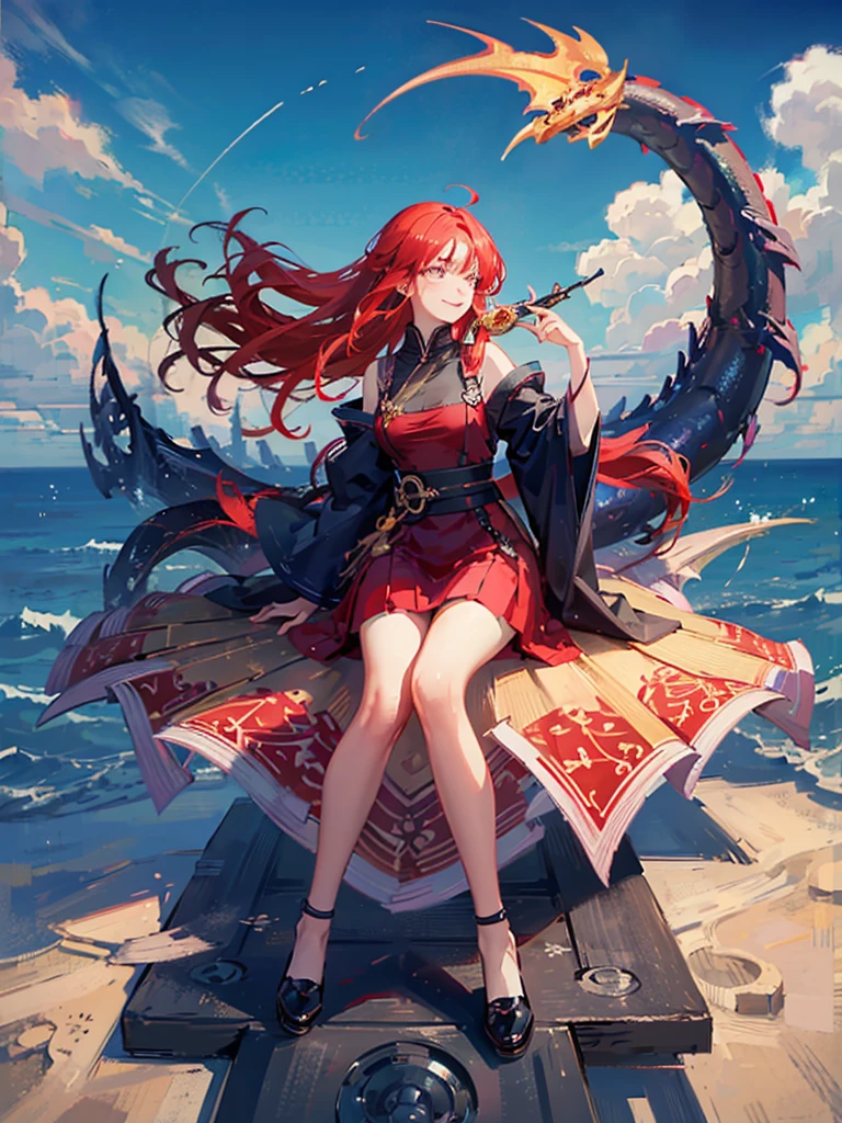 Highest quality, masterpiece, One girl、Red Hair、Smile with your mouth closed、Cute iridescent Asian dragon playing with clouds and wind in the sky, isometric, Beautiful concept art, Optics
