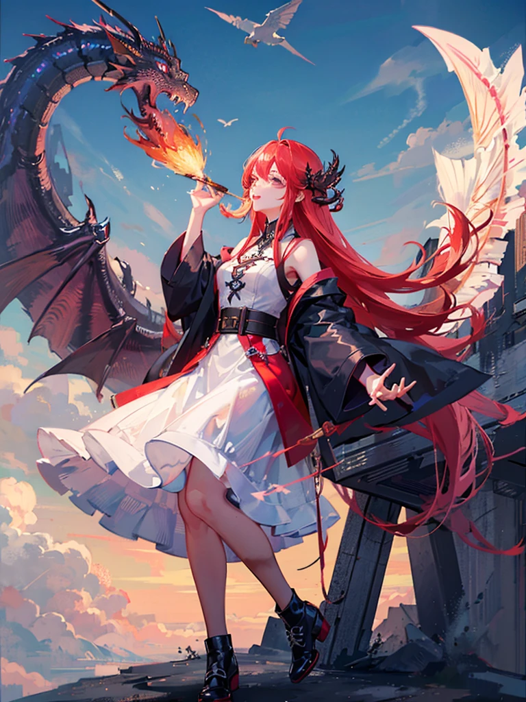 Highest quality, masterpiece, One girl、Red Hair、Smile with your mouth closed、Cute iridescent Asian dragon playing with clouds and wind in the sky, isometric, Beautiful concept art, Optics
