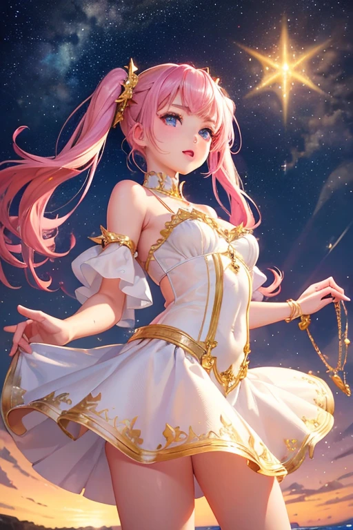 Highest quality、Highest quality、Masterpiece、woman1people、Pink shiny decollete dress、Golden embroidery、Frill mini skirt dress、Perfect body line、Adorable poses、Realistic、Glowing Skin、Groomed eyebrows、Pink Lips、Blue Eyes、Twin tails、delicate、Shiny Hair、detailed、Skirt in the wind、The background is the starry sky and the sea、