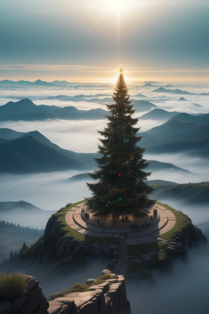 abstract colors, texture, film grain, skin pores:0.2 (tilt shift photography)1.2, intricate dramatic portrait of a beautiful (windblown)1.2 scifi steampunk (medieval fantasy magical christmas tree)1.2 on top of a rocky mountain overlooking a futuristic (solarpunk)1.2 city, foggy morning, cinematic movie still frame, blade runner 2049, punk hair style, altered carbon, (analog style)1.3 (film grain)1.3, (best quality, high quality, absurdres, intricate detail, masterpiece, cinematic), highly detailed, motion blur, film grain, noise, lens effects,