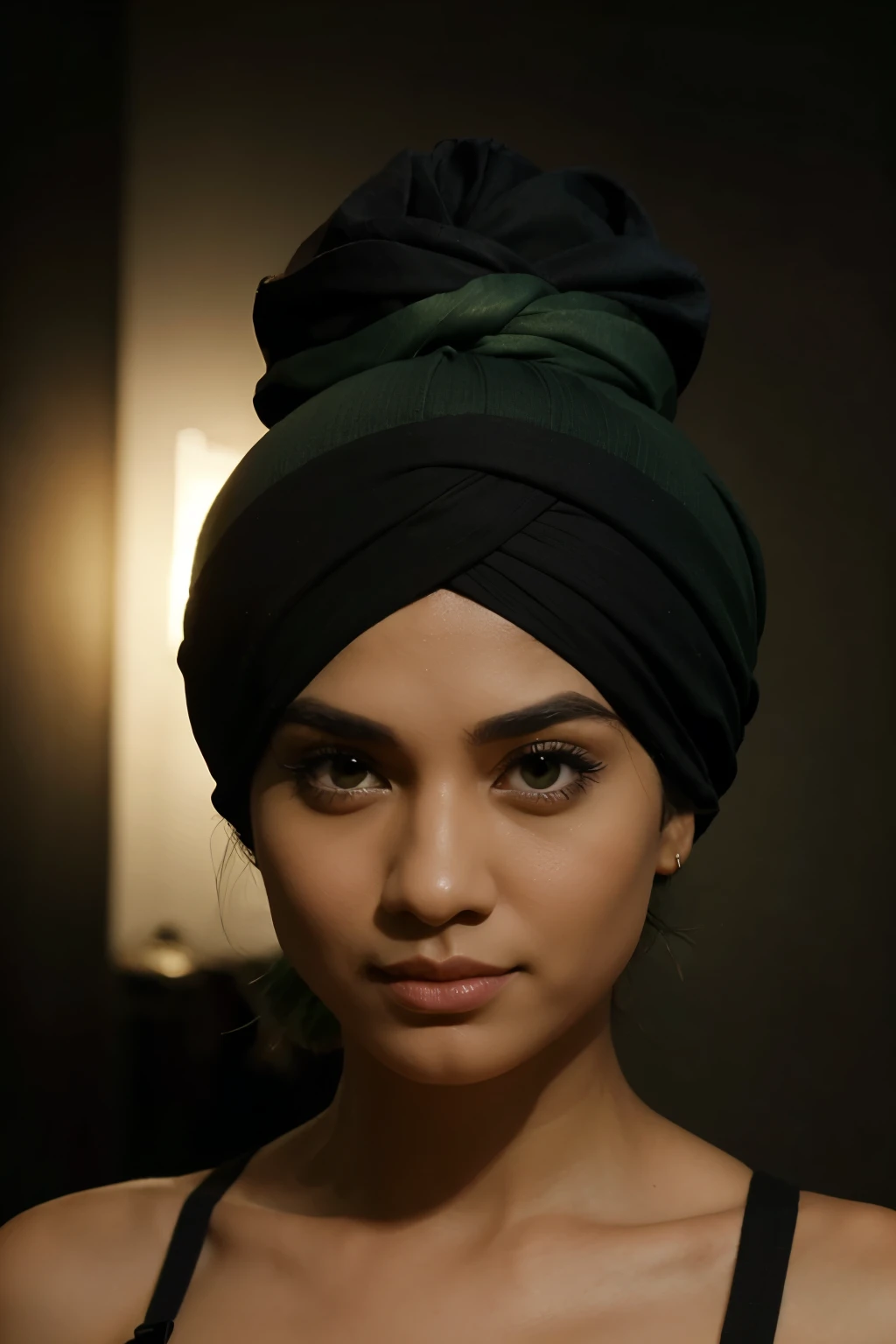 4D caricature of a person wearing a black cap and green turban
