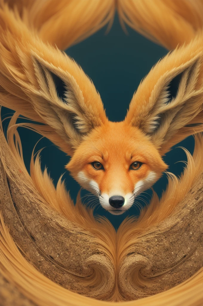 Beautiful fluffy haired Fox, Sandi Sylvestre mixed fractal zentangle abstract abstract vector fractal, wave function, shading abstract art complementary colors fine details, golden ratio, symmetrical, rule of thirds, geometric bauhaus