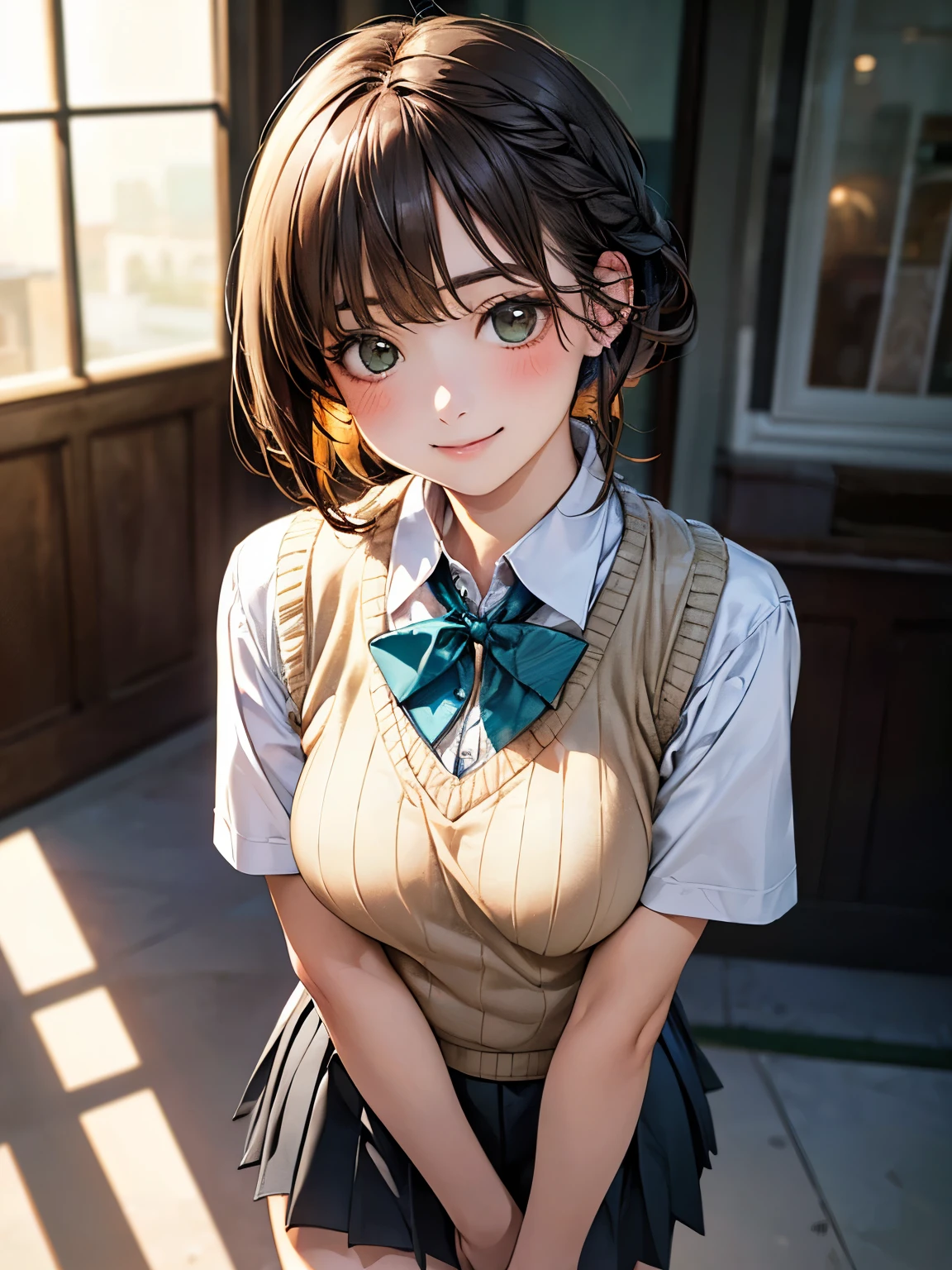 (masterpiece:1.2, Highest quality), (Realistic, photoRealistic:1.4), Beautiful illustrations, (Natural Side Lighting, Cinema Lighting), 
View your viewers, Upper Body, 1 Girl, Japanese, high school girl, 12 years old, Perfect Face, Cute and symmetrical face, Shiny skin, 
(short hair, Braiding, Light brown hair), bangs, Emerald Green Eyes, Big eyes, Long eyelashes, (Medium chest), 
Beautiful Hair, Beautiful Face, Beautiful attention to detail, Beautiful clavicle, Beautiful body, Beautiful breasts, Beautiful thighs, Beautiful feet, Beautiful fingers, 
((White collared shirt, Light blue bow tie, Dark grey pleated mini skirt, Yellow knitted vest)), 
(Beautiful views), evening,, walking, ((Grab your chest)), (In the heat, Excited, Captivating smile),