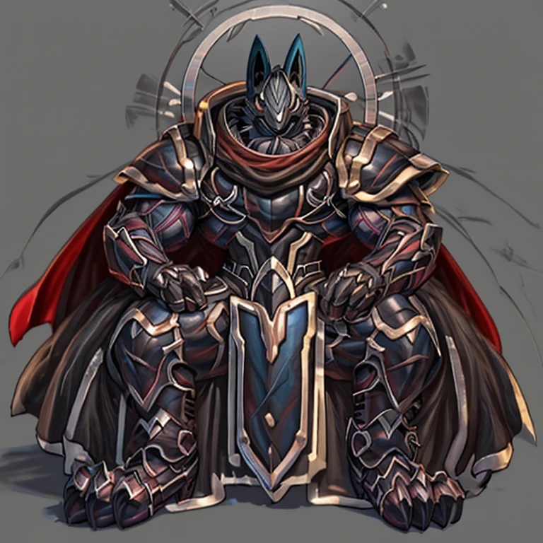 (masterpiece, best quality, detailed:1.2) (Pokémon) mega_lucario, detailed full body, a knight's mechanical armor, glowing wide and heavy armor, wears full body armor. massive muscles, huge pecs, chiseled abs, huge pectorals, exaggeratedly huge muscles. wearing a cloak. unusually developed muscular body big muscle, pecs, triceps, traps, waist narrow, unusually developed muscular body, Dark knight,
BlackKnight_fe, The claws are sharp,
Sharp teeth, sitting on the throne, With a sword in one hand