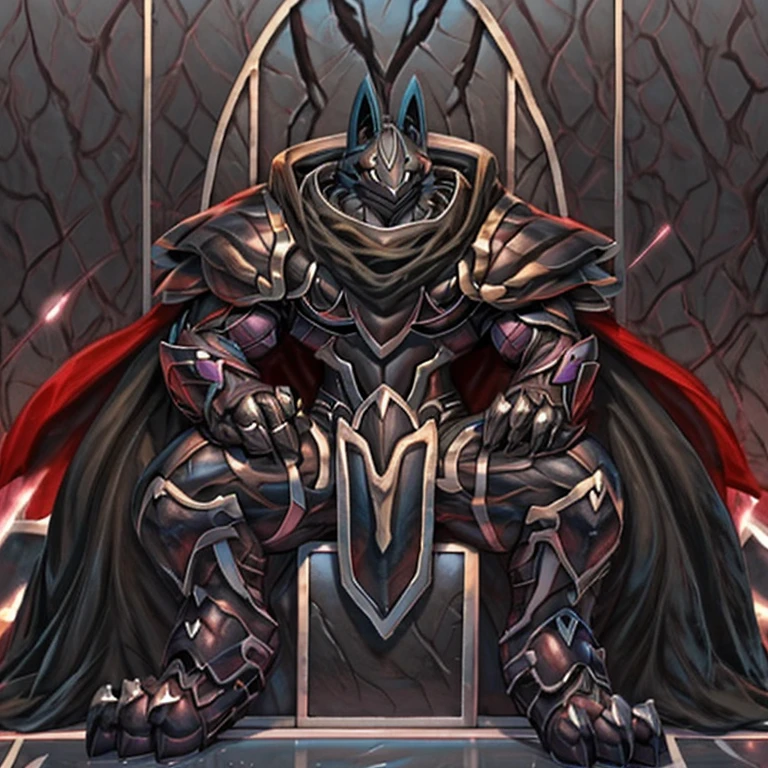 (masterpiece, best quality, detailed:1.2) (Pokémon) mega_lucario, detailed full body, a knight's mechanical armor, glowing wide and heavy armor, wears full body armor. massive muscles, huge pecs, chiseled abs, huge pectorals, exaggeratedly huge muscles. wearing a cloak. unusually developed muscular body big muscle, pecs, triceps, traps, waist narrow, unusually developed muscular body, Dark knight,
BlackKnight_fe, The claws are sharp,
Sharp teeth, sitting on the throne, With a sword in one hand