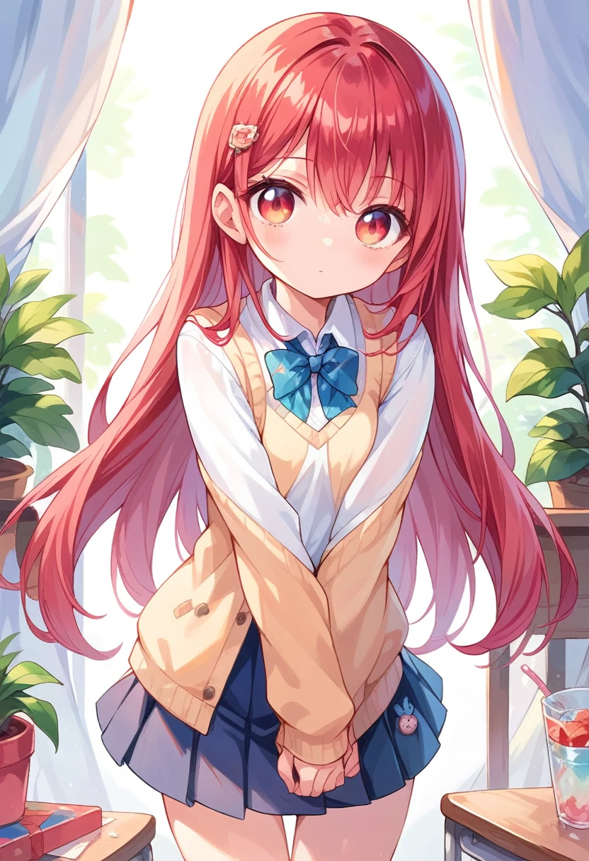 cute school girl, red hair short,