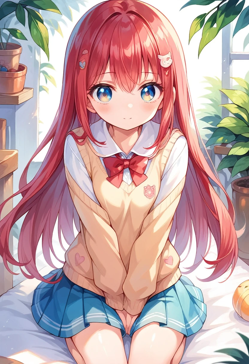 cute school girl, red hair short,