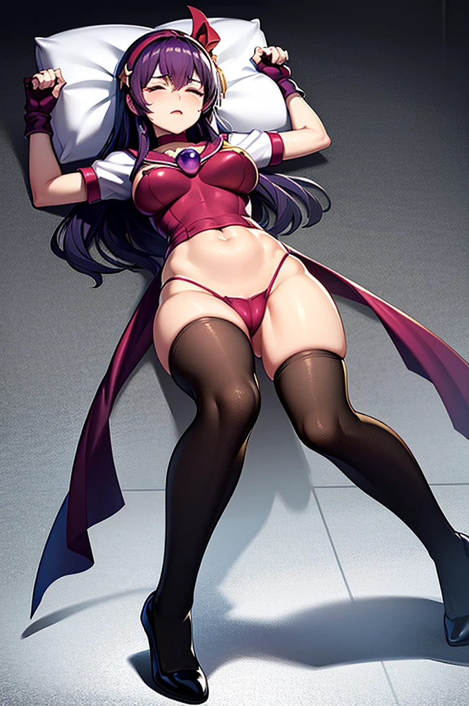 Asami, big breasts, ya_School uniform_ownwaifu,gloves,Headband,long-haired,purple eyes,purple hair,,fingerless gloves,Red headband,skirts,star (symbol),Hair ornaments,thighhighs,breasts,black thighhighs,serafuku,Star Hair Jewelry,choker,ribbons,hair ribbons,bangs,Black gloves,bow,
masterpiece,bestquality,ultra-detail,tortured expression,be unconscious,fell from fighting,Got punched in the stomach................,The face represents pain............,Lying on Your Back, Unconscious,Closed eyes,lie down （（（open legs： 1.8）），Correct limbs，Perfect limbs