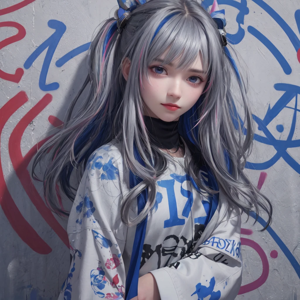 (best quality), masterpiece, Extremely detailed CG8K painting, high color, Extremely high color saturation, All colors are deepened, painting, graffiti art, central composition, Extremely detailed light and shadow, graffiti wall, The walls are painted bright colors, 1 girl graffiti 1 girl looking at the wall, The face and eyes are very detailed, medium length hair, sportswear, colorful clouds