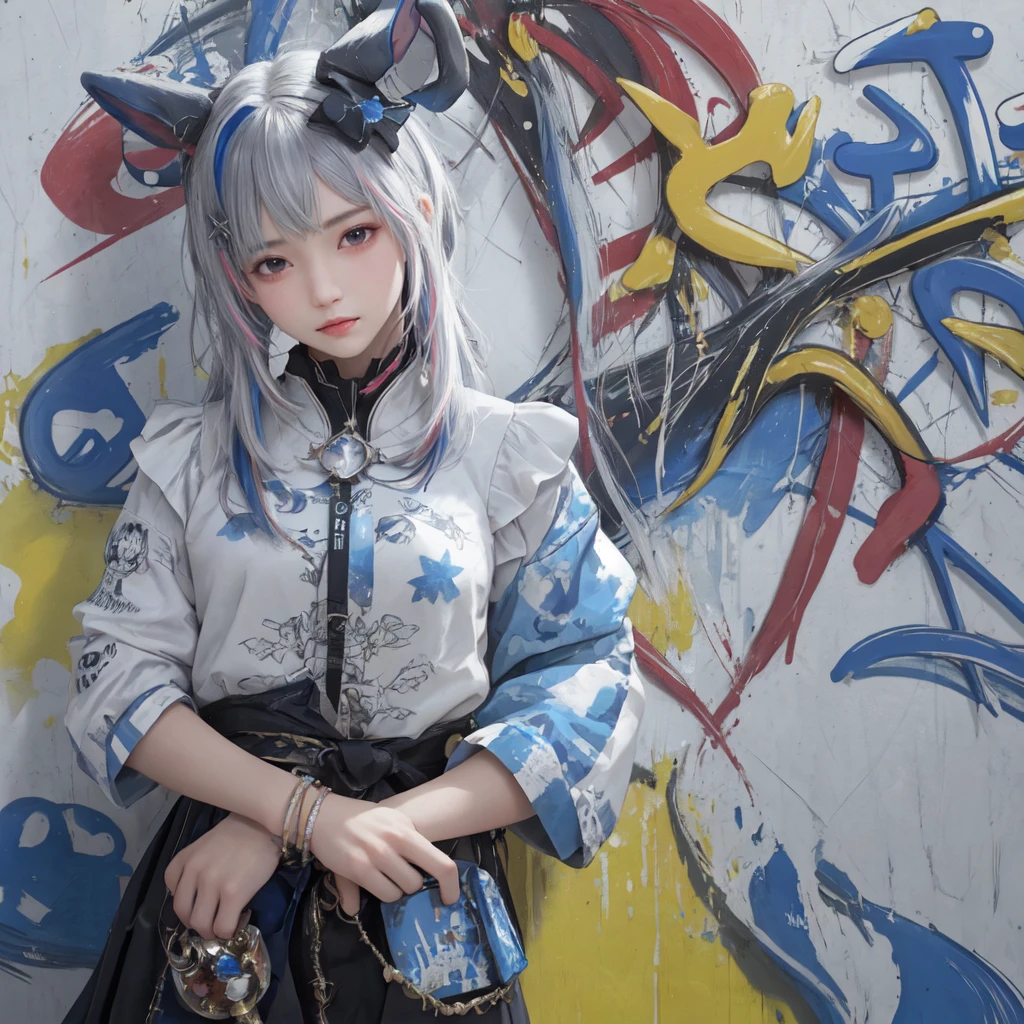 (best quality), masterpiece, Extremely detailed CG8K painting, high color, Extremely high color saturation, All colors are deepened, painting, graffiti art, central composition, Extremely detailed light and shadow, graffiti wall, The walls are painted bright colors, 1 girl graffiti 1 girl looking at the wall, The face and eyes are very detailed, medium length hair, sportswear, colorful clouds