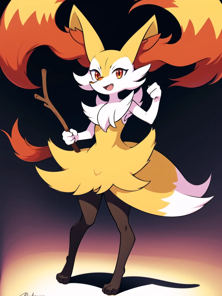 1girl, solo, looking at viewer, smile, open mouth, simple background, red eyes, white background, holding, animal ears, standing, tail, full body, fang, hand up, signature, flat chest, animal ear fluff, fox ears, pokemon (creature), fox tail, happy, fox girl, furry, skin fang, furry female, body fur, white fur, animal nose, snout, stick, yellow fur, black fur, holding stick, digitigrade, multicolored fur , braixen, 8K, masterpiece, beautiful