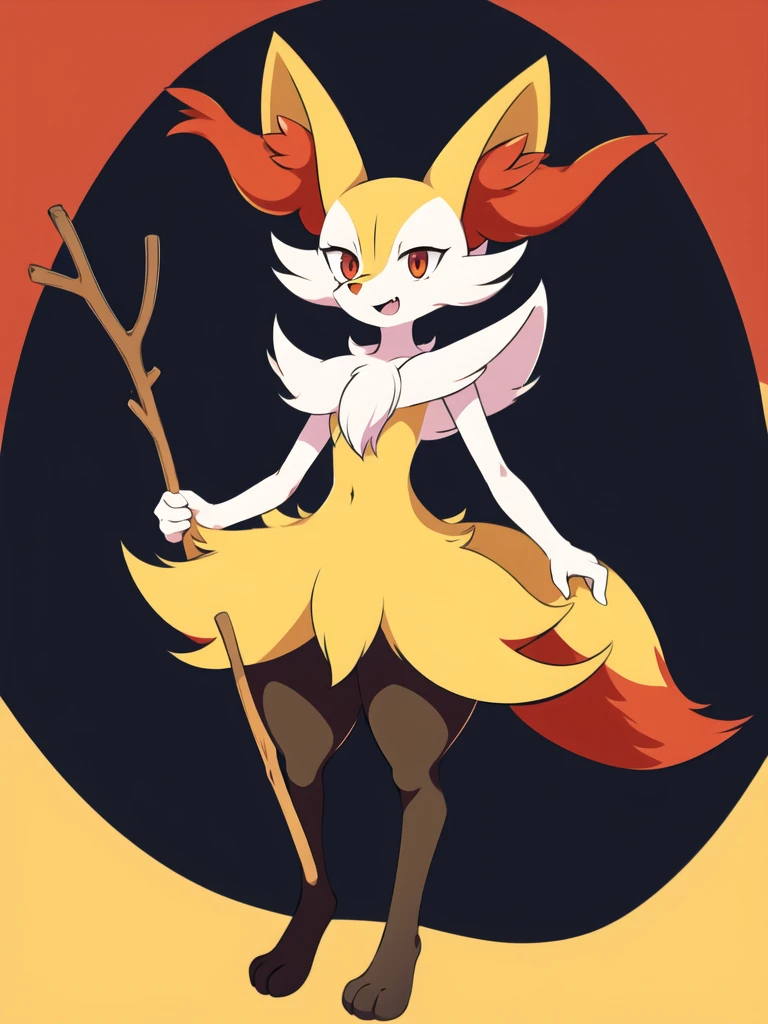 1girl, solo, looking at viewer, smile, open mouth, simple background, red eyes, white background, holding, animal ears, standing, tail, full body, fang, hand up, signature, flat chest, animal ear fluff, fox ears, pokemon (creature), fox tail, happy, fox girl, furry, skin fang, furry female, body fur, white fur, animal nose, snout, stick, yellow fur, black fur, holding stick, digitigrade, multicolored fur , braixen, 8K, masterpiece, beautiful