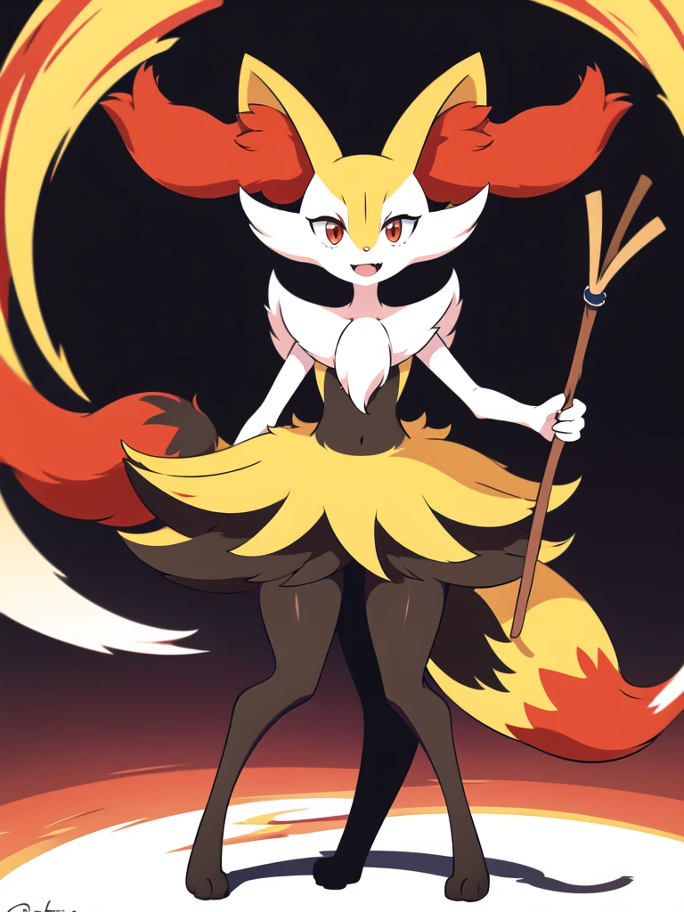 1girl, solo, looking at viewer, smile, open mouth, simple background, red eyes, white background, holding, animal ears, standing, tail, full body, fang, hand up, signature, flat chest, animal ear fluff, fox ears, pokemon (creature), fox tail, happy, fox girl, furry, skin fang, furry female, body fur, white fur, animal nose, snout, stick, yellow fur, black fur, holding stick, digitigrade, multicolored fur , braixen, 8K, masterpiece, beautiful