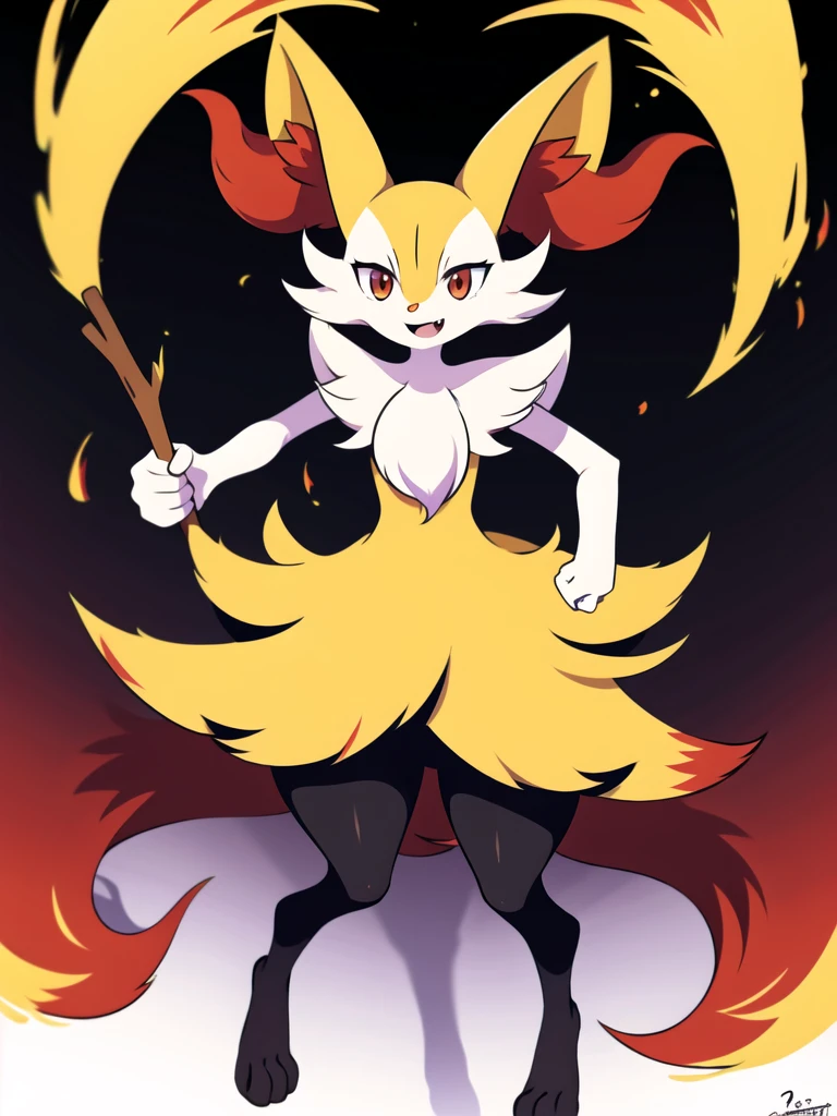 1girl, solo, looking at viewer, smile, open mouth, simple background, red eyes, white background, holding, animal ears, standing, tail, full body, fang, hand up, signature, flat chest, animal ear fluff, fox ears, pokemon (creature), fox tail, happy, fox girl, furry, skin fang, furry female, body fur, white fur, animal nose, snout, stick, yellow fur, black fur, holding stick, digitigrade, multicolored fur , braixen, 8K, masterpiece, beautiful