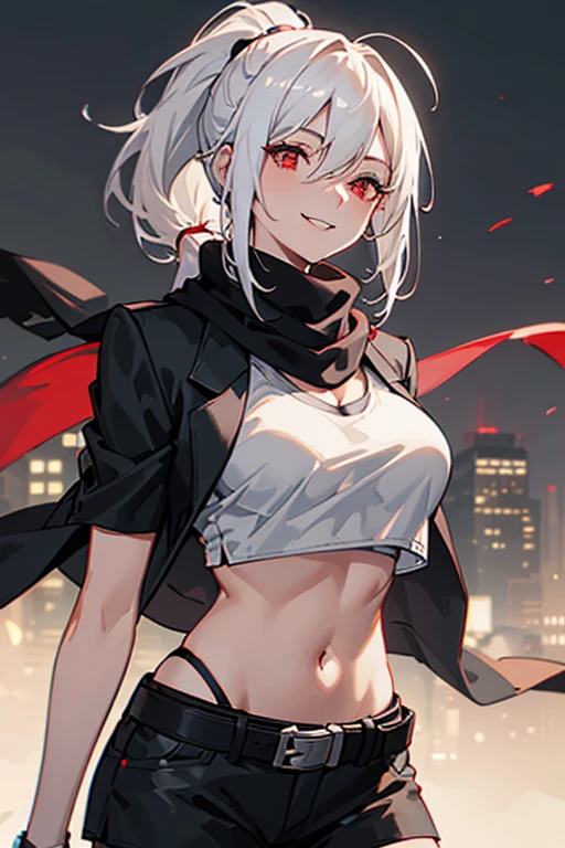 1woman, close up shot, mature, tall, (white hair, medium length ponytail, messy hair, large breasts, red eyes), perfect anatomy, city, ((grey crop top, black cropped short sleeve blazer, belt, black shorts, black scarf)), smiling