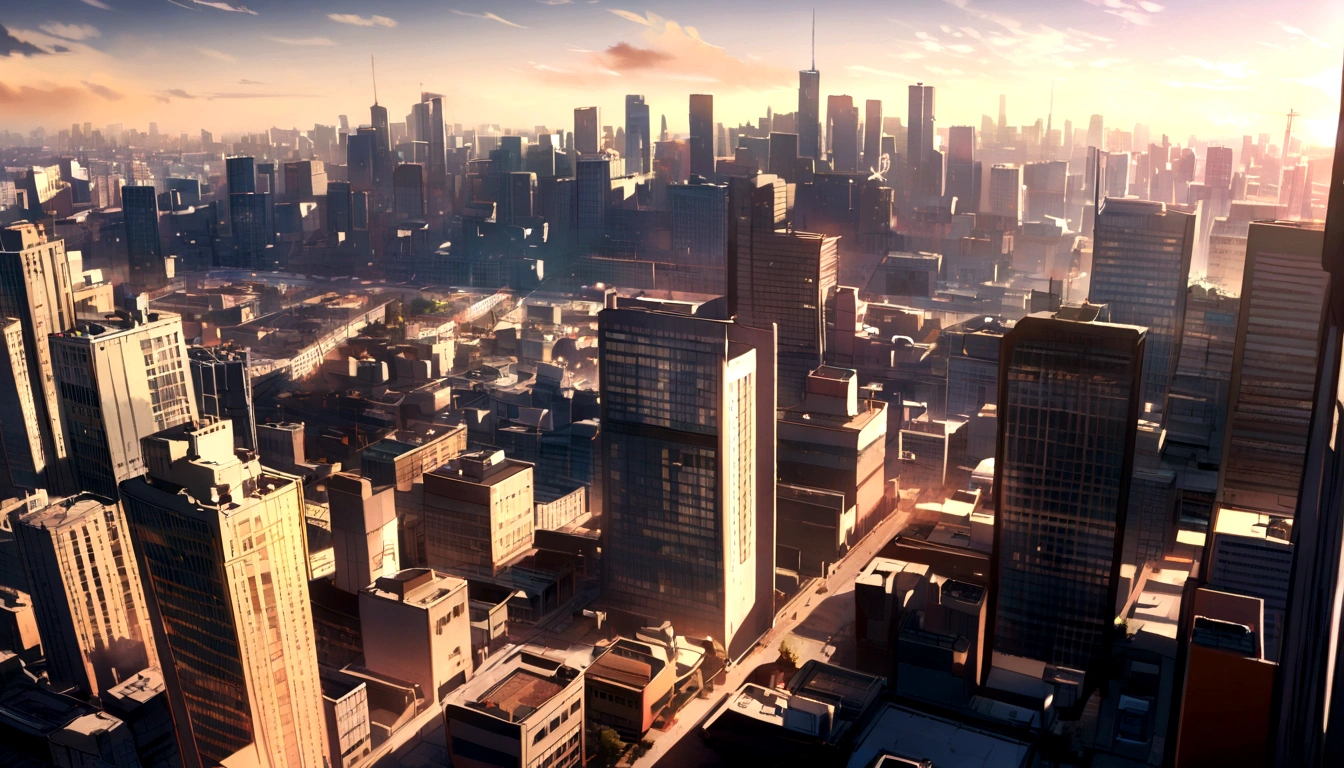 shadowy,Apocalyptic wind,,mistic,uncanny,Doomsday City,废墟,smoke of gunpowder,Top-down view,Smog in the distance,Yellowing sky at sunset