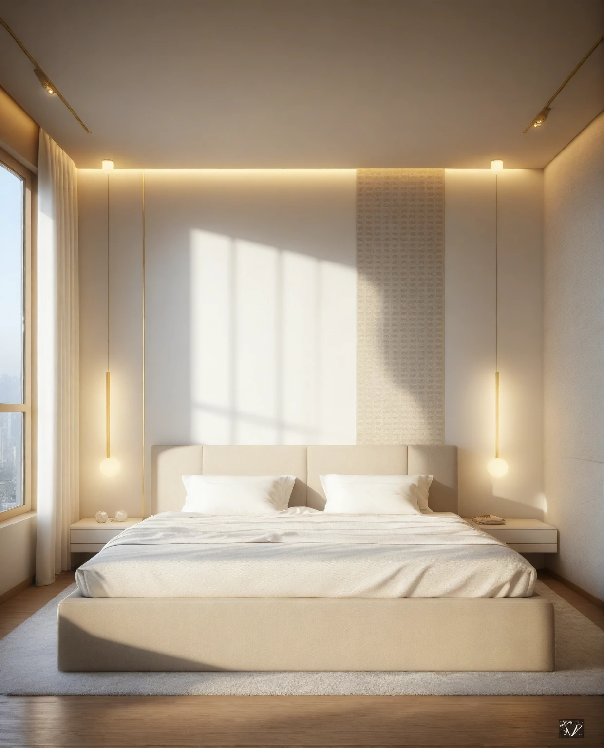 ,Masterpiece, Best quality,8K, Ultra-high resolution,When you step into the (bedroom : 1.1) ,Immediately surrounded by a rich atmosphere of luxury. The space was covered with a soft white fluffy blanket,It is so comfortable,So much so that you can't help but indulge in it。Embellished with precious porcelain and white-off gold ornaments。Whenever it is late afternoon,The afterglow from the window spilled on the floor,Soft light and shadow are reflected,It was as if entering a dreamland.