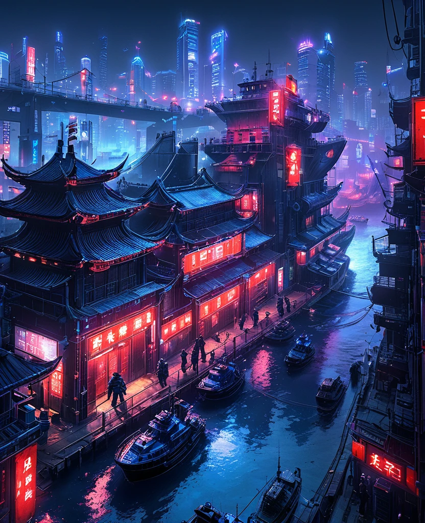 CyberCity, (blue:1.3)，（red:1.4）,(harbor:1.3), (ship:1.2),  neon lights, scenery, chinese_building, outdoors, road, night, sign, street, riot police,

criminals,(bird eye view:1.2),