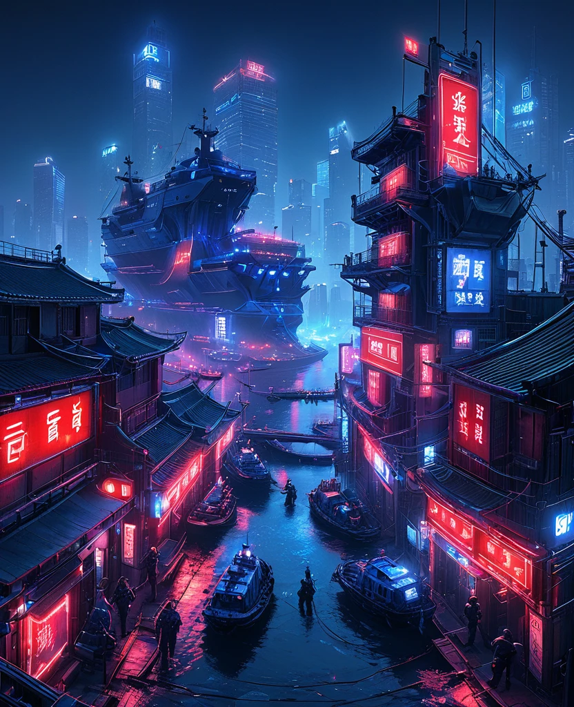 CyberCity, (blue:1.3)，（red:1.4）,(harbor:1.3), (ship:1.2),  neon lights, scenery, chinese_building, outdoors, road, night, sign, street, riot police,

criminals,(bird eye view:1.2),