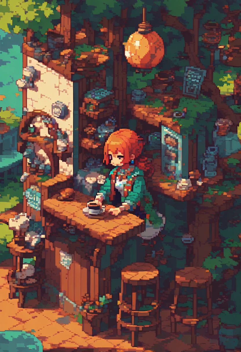 Pixel art, (masterpiece),( Highest quality), One girl,coffee shop,Short Hair Girl,hairpin,Earrings,Have,Long Hair,hair color,Stylish girl,Sit on a bar stool,(~ side:1.2),(Thinking Ahead:1.5), Pixel art,pixel,31-bit
