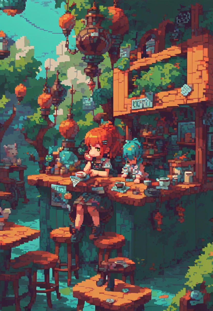Pixel art, (masterpiece),( Highest quality), One girl,coffee shop,Short Hair Girl,hairpin,Earrings,Have,Long Hair,hair color,Stylish girl,Sit on a bar stool,(~ side:1.2),(Thinking Ahead:1.5), Pixel art,pixel,31-bit