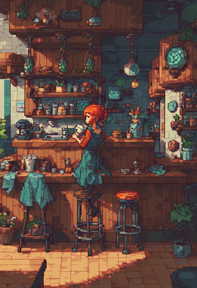 Pixel art, (masterpiece),( Highest quality), One girl,coffee shop,Short Hair Girl,hairpin,Earrings,Have,Long Hair,hair color,Stylish girl,Sit on a bar stool,(~ side:1.2),(Thinking Ahead:1.5), Pixel art,pixel,31-bit