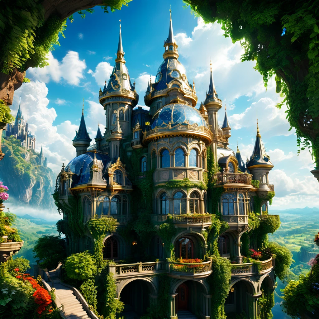 a magnificent floating royal castle in the sky, a huge astronomical telescope on the balcony, ornate architecture, highly detailed, intricate carvings and decorations, glowing crystals, sunlight streaming through stained glass windows, overflowing gardens, lush greenery, (best quality,4k,8k,highres,masterpiece:1.2),ultra-detailed,(realistic,photorealistic,photo-realistic:1.37),detailed lighting, dramatic shadows, vibrant colors, fantasy, digital art, concept art
