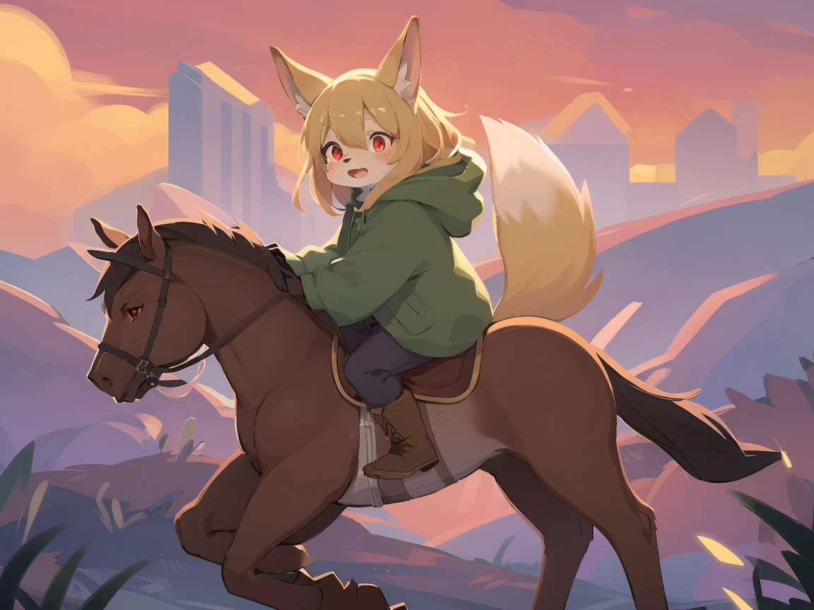  the fox, , was hairy, shaggy, skin fur, smooth lashes, golden fur, forelimb hands, straight long blonde hair, solid circle eyes, golden ears, golden fur, golden facial fur, shiny hair, red eyes, super cute face, 1fox tail, fluffy tail, furry tail, glowing eyes, green coat green hood down, brown trousers, riding unsaddled horse, open mouth, embarrassed, ambient light, ultra-fine fur, dashed eyes, full body, masterpiece, high quality, high-details, best quality, wide short, (((solo))), twilight, sun light, red sky, rim light