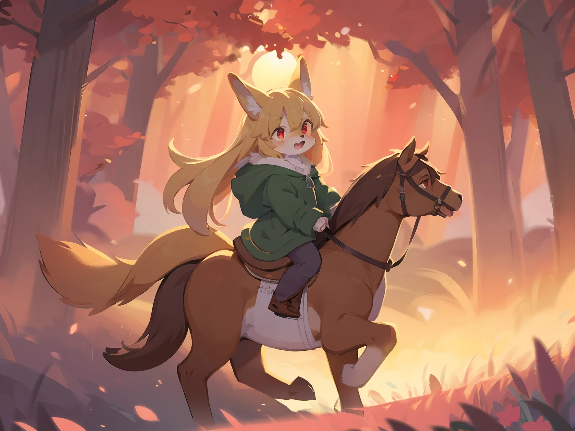 the fox, , was hairy, shaggy, skin fur, smooth lashes, golden fur, forelimb hands, straight long blonde hair, solid circle eyes, golden ears, golden fur, golden facial fur, shiny hair, red eyes, super cute face, 1fox tail, fluffy tail, furry tail, glowing eyes, green coat green hood down, brown trousers, riding unsaddled horse, open mouth, embarrassed, ambient light, ultra-fine fur, dashed eyes, full body, masterpiece, high quality, high-details, best quality, wide short, (((solo))), twilight, sun light, red sky, rim light