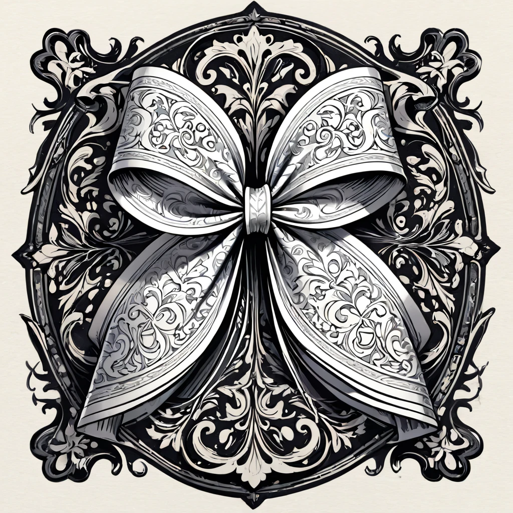 masterpiece、super beautiful、８K、An illustration of a bowknot ribbon drawn in the style of medieval black and white letterpress printing.