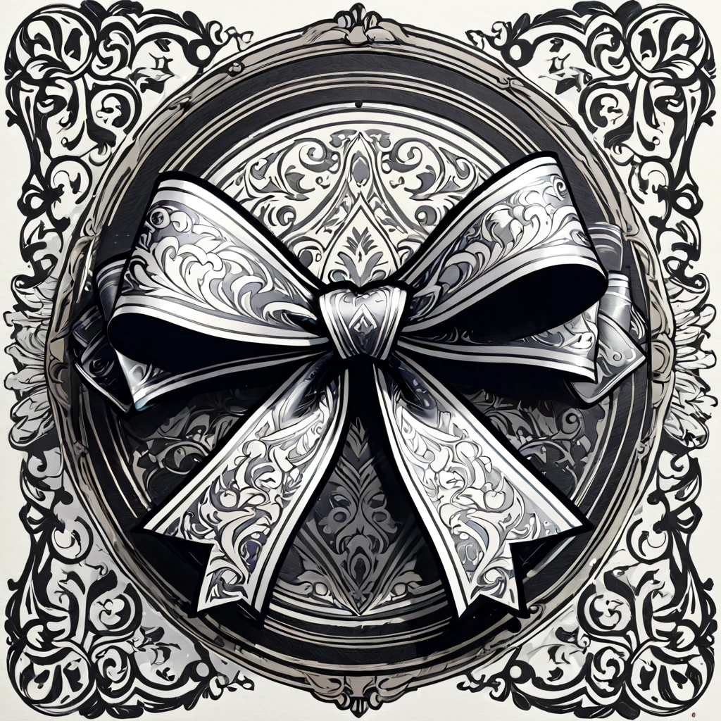 masterpiece、super beautiful、８K、An illustration of a bowknot ribbon drawn in the style of medieval black and white letterpress printing.